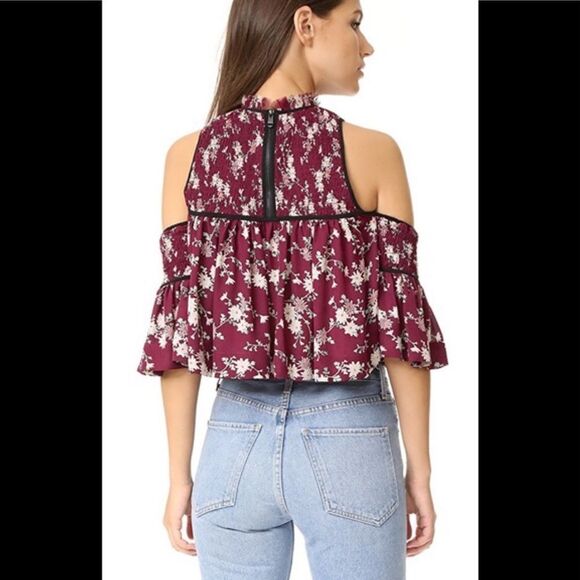Cinq a Sept Soha Floral Cold Shoulder Cut Out Ruffle Silk Top - Picture 2 of 13